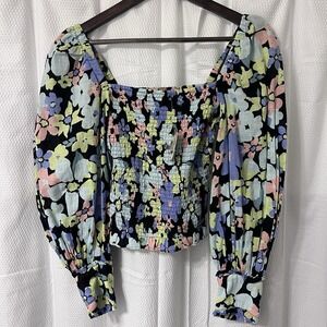 NWT Free People Black Ariana Floral Smocked Puff Sleeve Top Cotton - Size XS‎